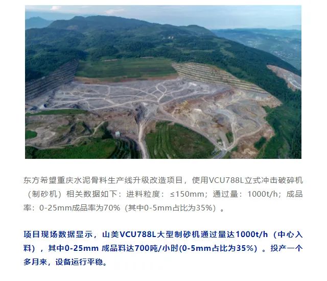 砂石協會報道！上海山美大進料、大產量立式沖擊破碎機（制砂機）成功用于東方希望骨料生產線升級改造項目！